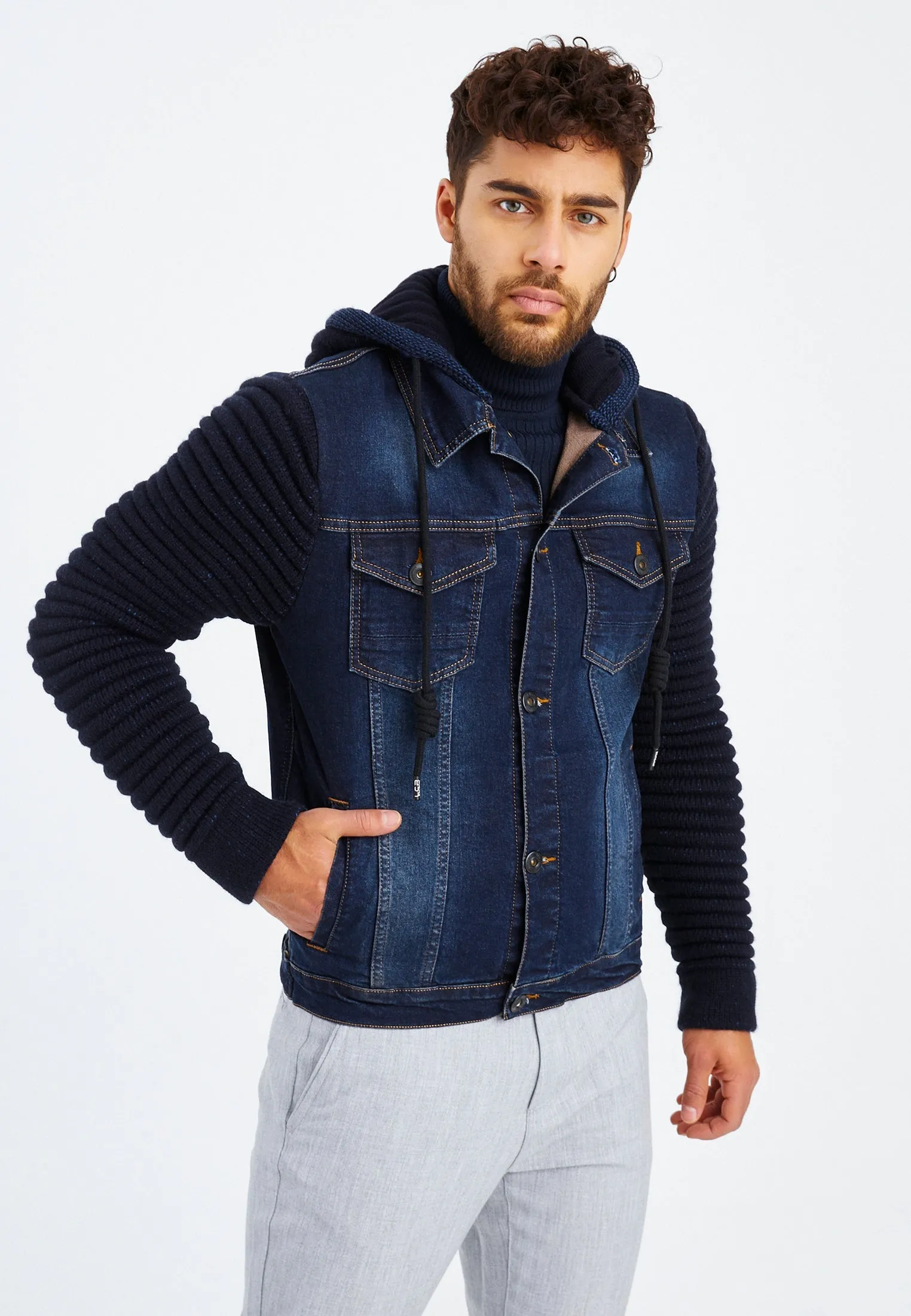 Stylish Denim Jacket With Knitted Sleeves And Hood