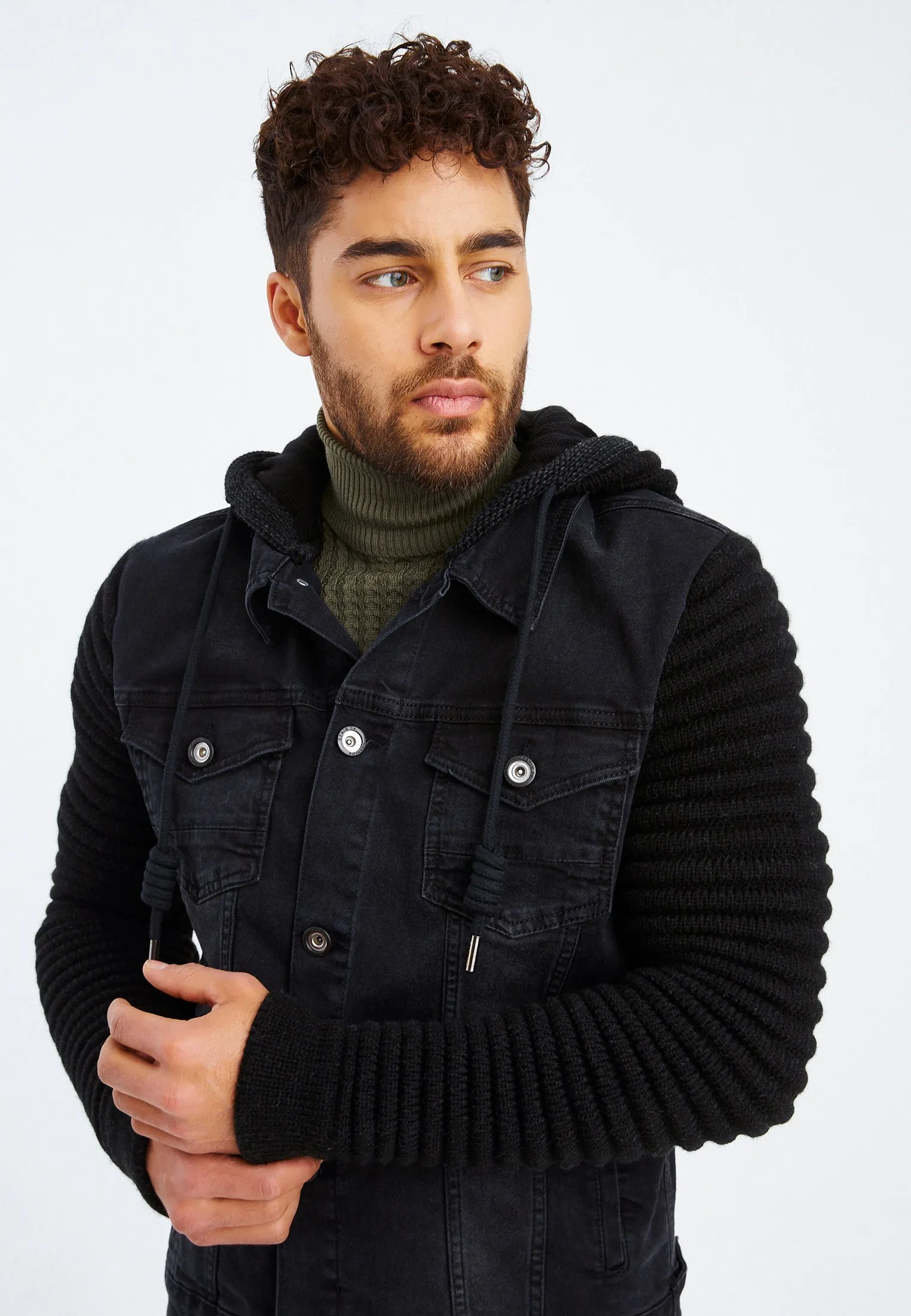 Stylish Denim Jacket With Knitted Sleeves And Hood