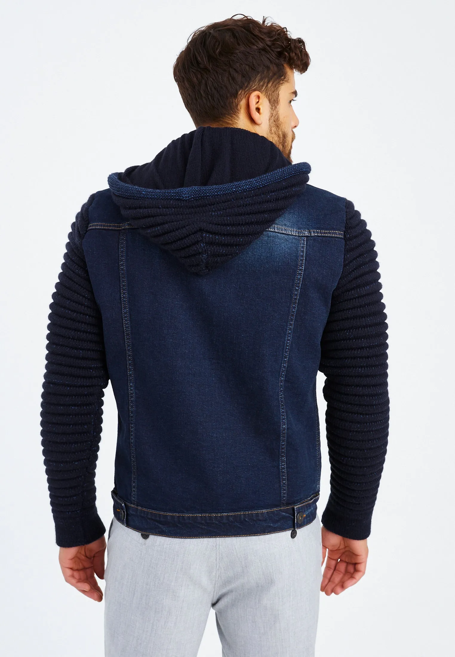 Stylish Denim Jacket With Knitted Sleeves And Hood