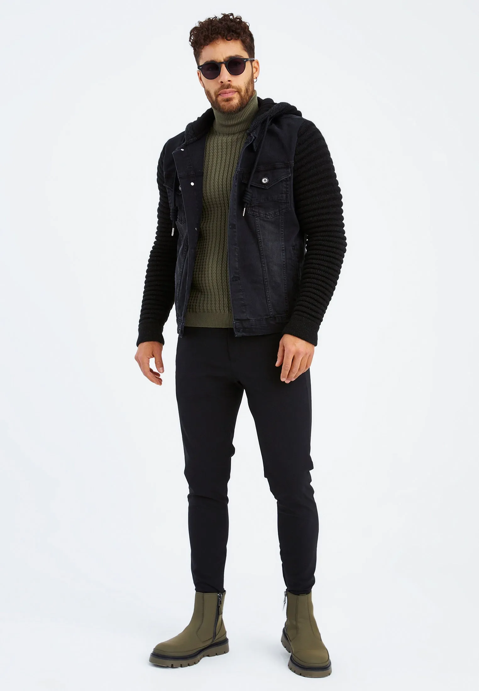 Stylish Denim Jacket With Knitted Sleeves And Hood