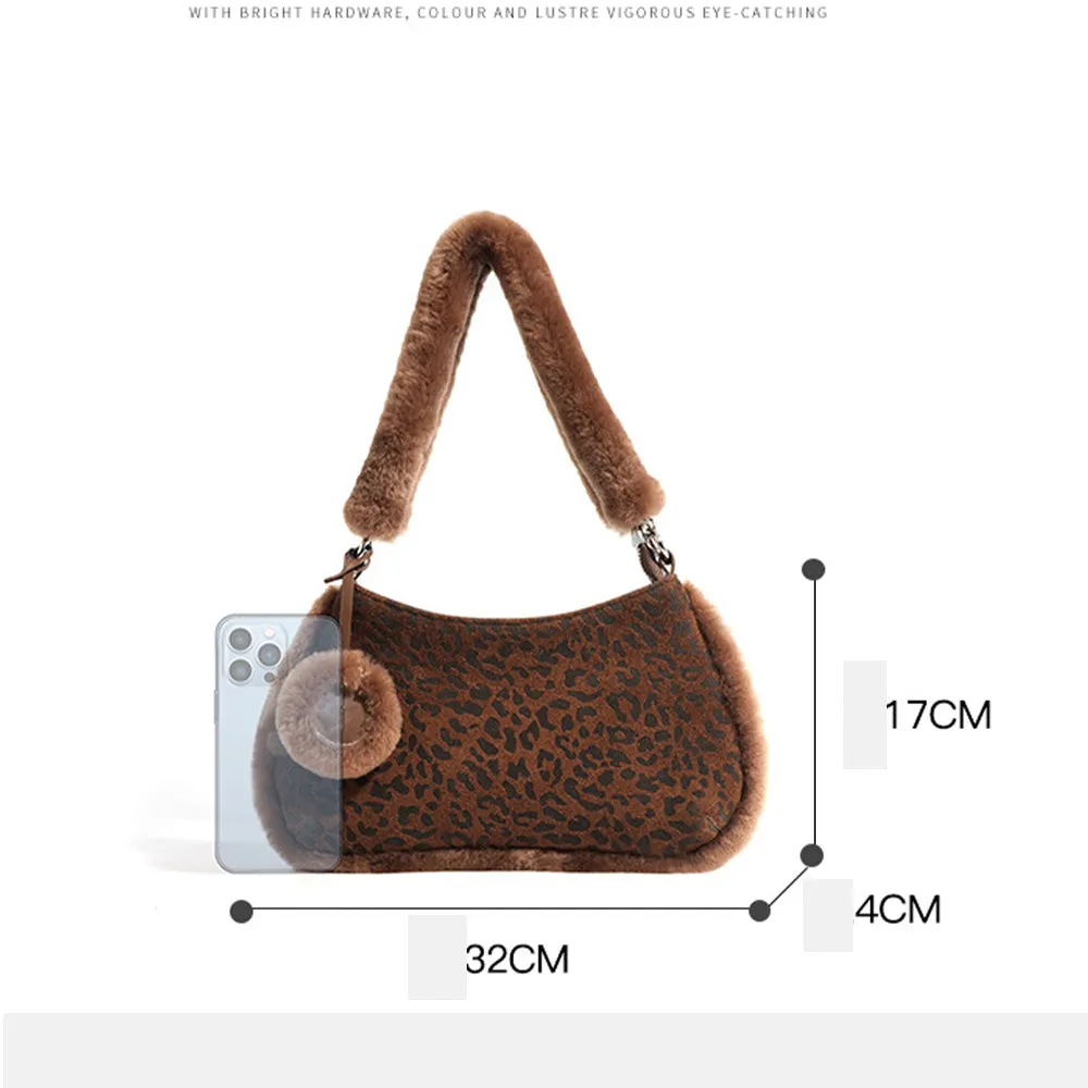 Suede Leopard Print Light Luxury Fashionable And Versatile Shoulder Bag With Faux Fur