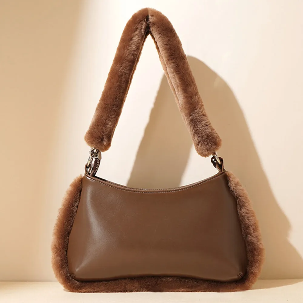 Suede Leopard Print Light Luxury Fashionable And Versatile Shoulder Bag With Faux Fur