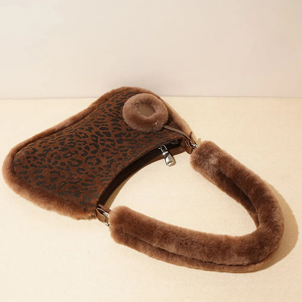 Suede Leopard Print Light Luxury Fashionable And Versatile Shoulder Bag With Faux Fur
