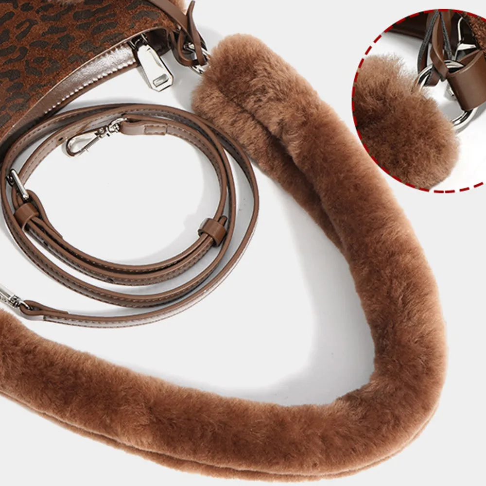 Suede Leopard Print Light Luxury Fashionable And Versatile Shoulder Bag With Faux Fur