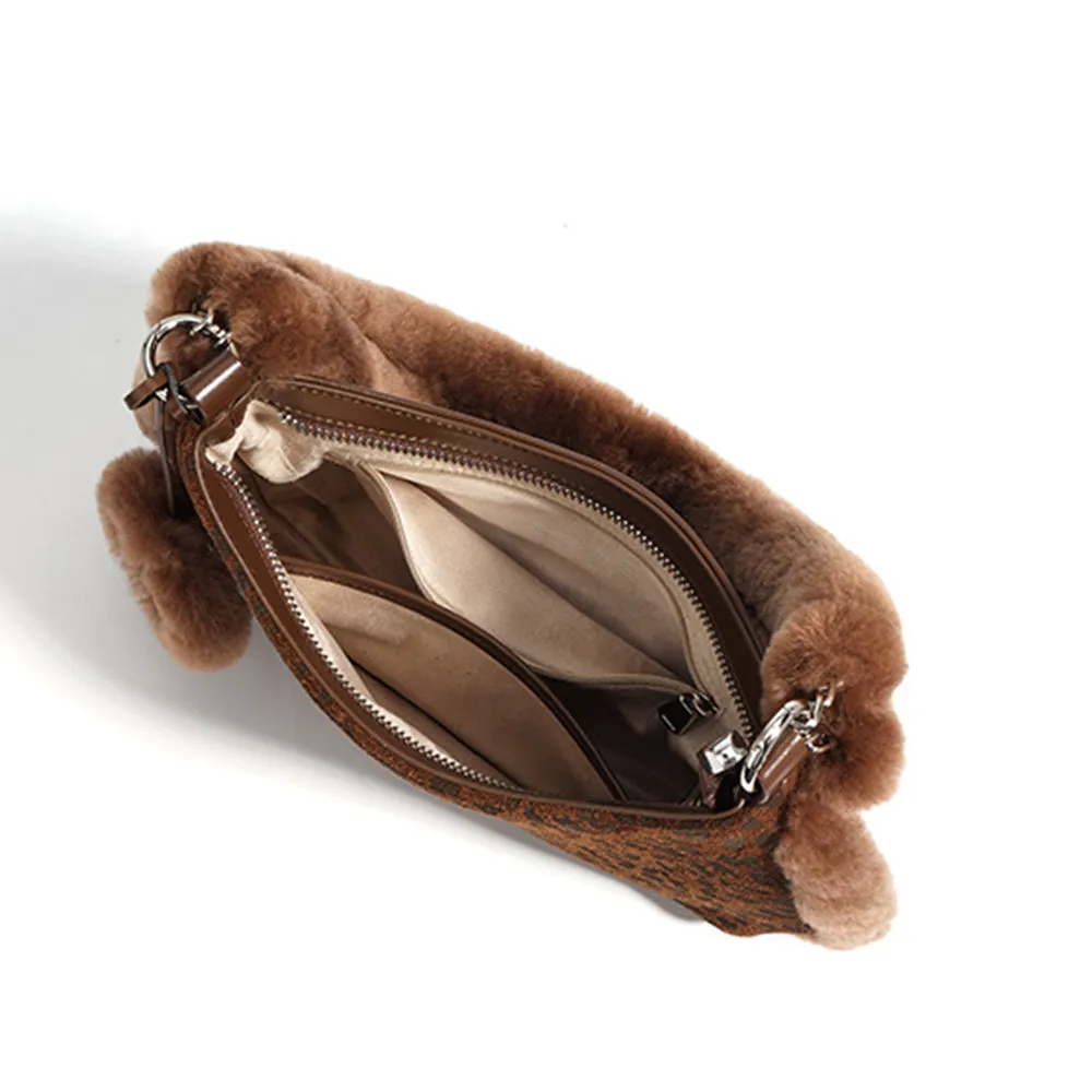 Suede Leopard Print Light Luxury Fashionable And Versatile Shoulder Bag With Faux Fur