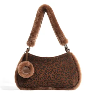 Suede Leopard Print Light Luxury Fashionable And Versatile Shoulder Bag With Faux Fur