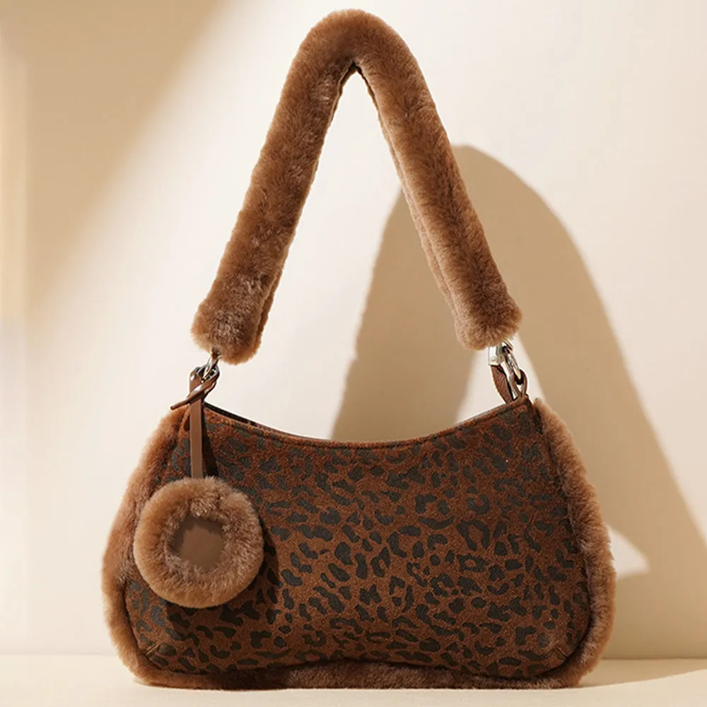 Suede Leopard Print Light Luxury Fashionable And Versatile Shoulder Bag With Faux Fur