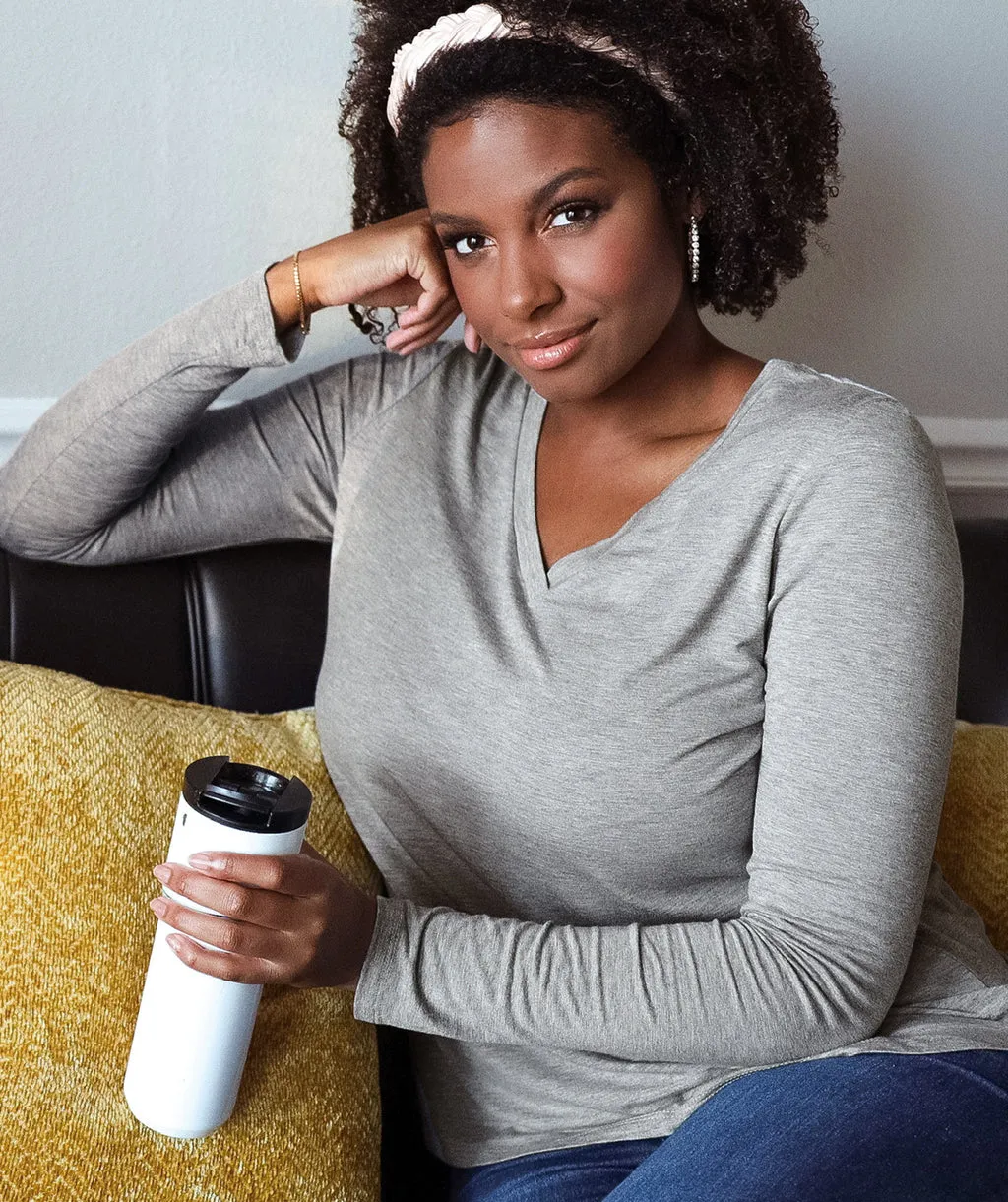 V-NECK long sleeve tee in Heather Grey