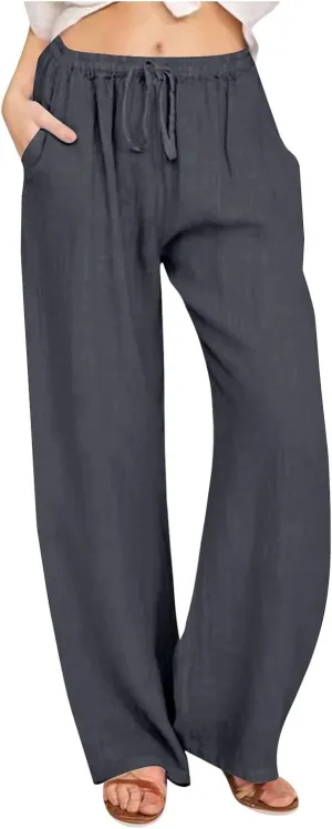 Wide Leg Linen Pants for Women Summer Boho Drawstring High Waist Casual Lounge Pant 2025 Beach Travel Vacation Outfits