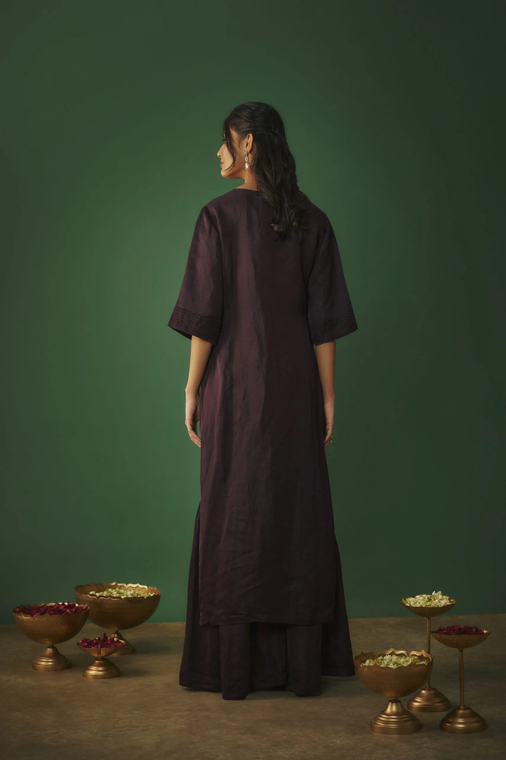 WINE EMBROIDERED HI LOW KURTA AND SHARARA SET