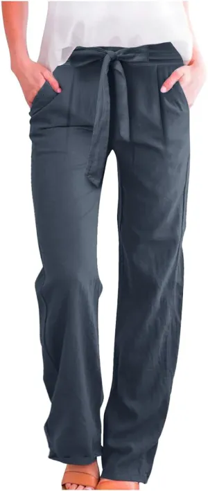 Women Linen Summer Tie Knot Palazzo Lounge Pants Elastic Waist Wide Leg Loose Fit Pants Travel