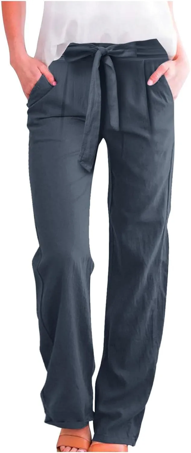 Women Linen Summer Tie Knot Palazzo Lounge Pants Elastic Waist Wide Leg Loose Fit Pants Travel