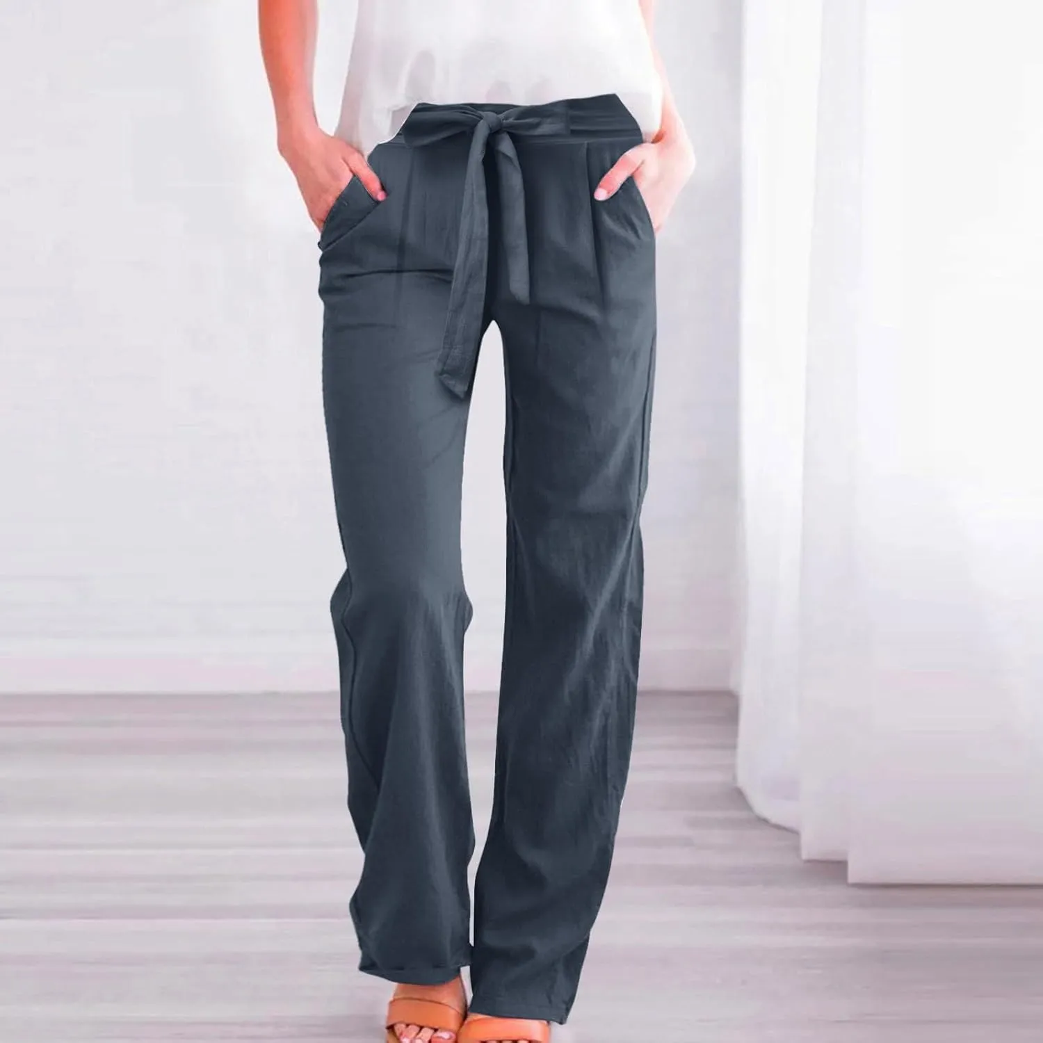 Women Linen Summer Tie Knot Palazzo Lounge Pants Elastic Waist Wide Leg Loose Fit Pants Travel