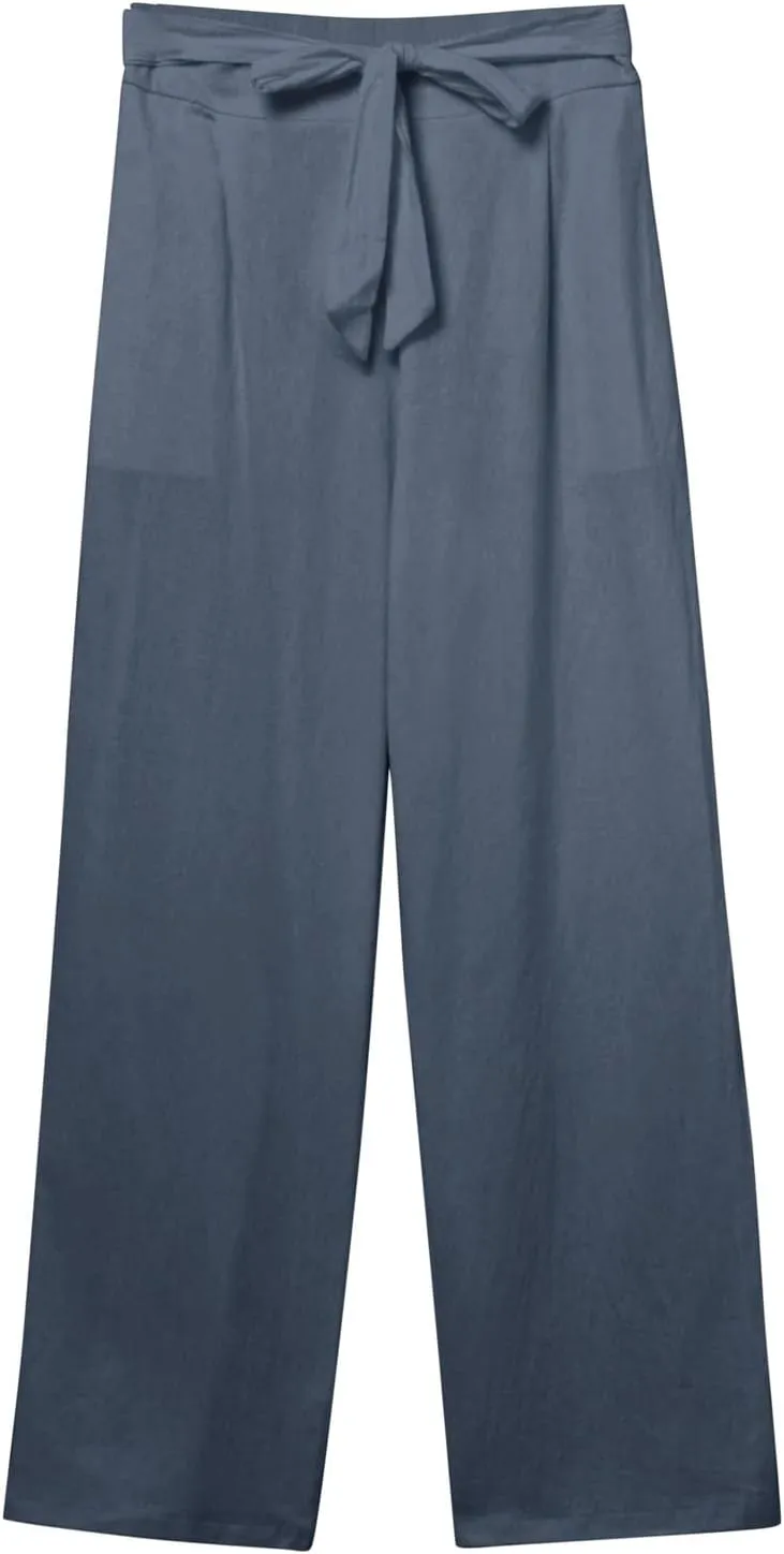 Women Linen Summer Tie Knot Palazzo Lounge Pants Elastic Waist Wide Leg Loose Fit Pants Travel