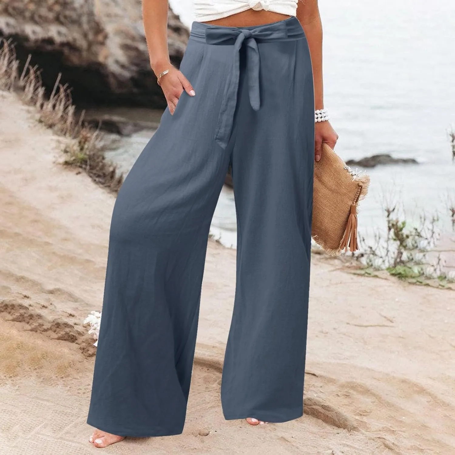 Women Linen Summer Tie Knot Palazzo Lounge Pants Elastic Waist Wide Leg Loose Fit Pants Travel