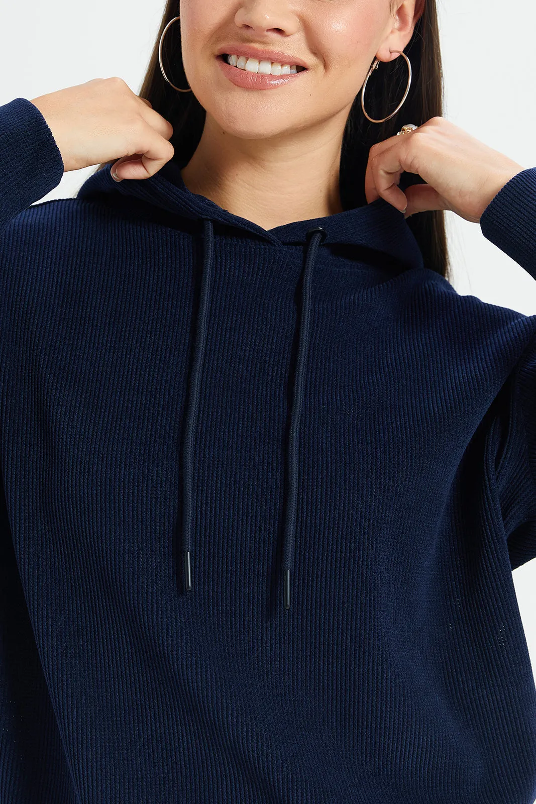 Women Navy Plain Hooded Sweatshirt