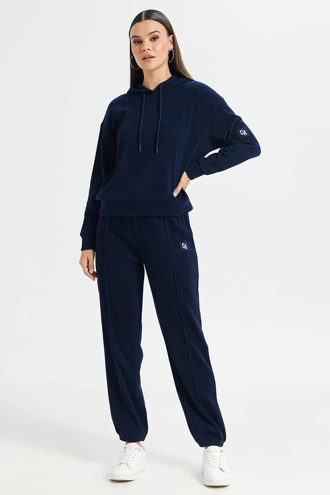 Women Navy Plain Hooded Sweatshirt
