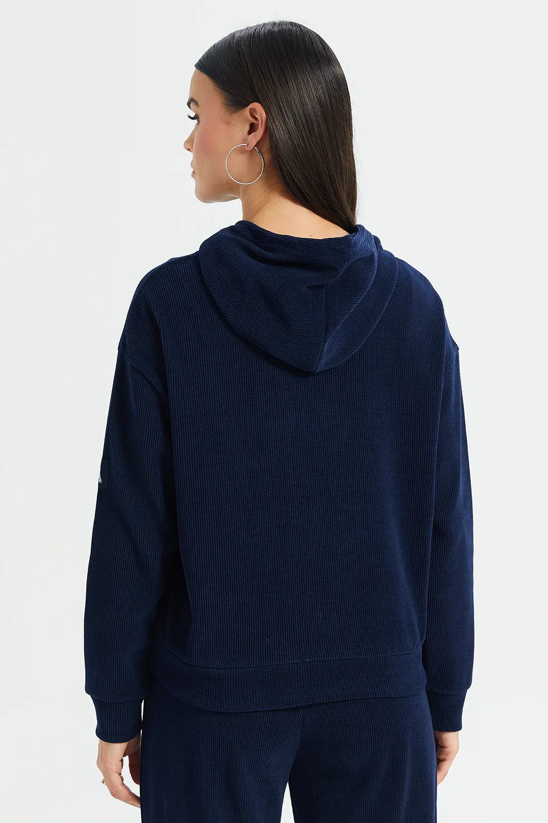 Women Navy Plain Hooded Sweatshirt