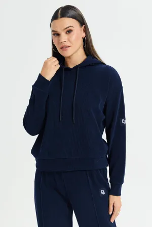 Women Navy Plain Hooded Sweatshirt