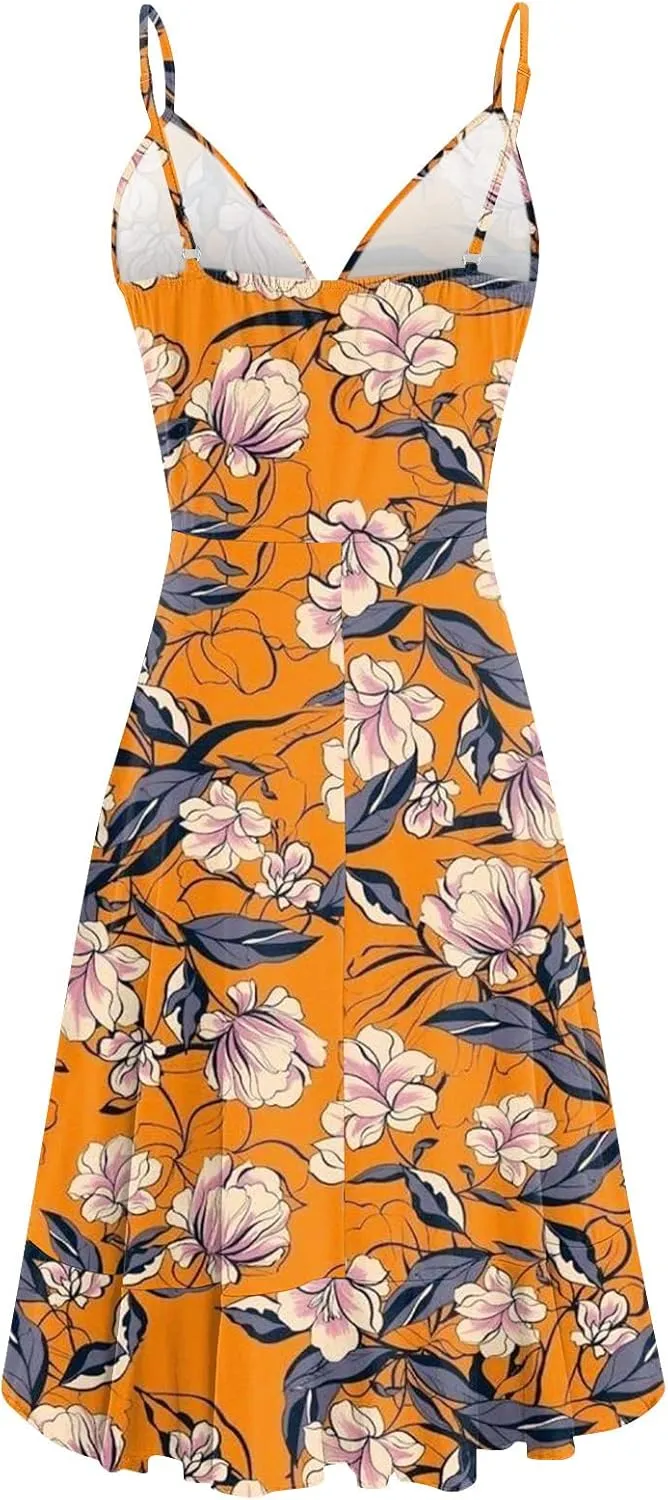 Women Summer Wrap V Neck Adjustable Spaghetti Straps Chest Pleats Casual Ruffle Dress Blossoms Strap Dress