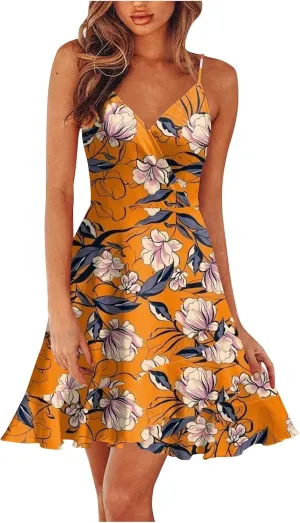 Women Summer Wrap V Neck Adjustable Spaghetti Straps Chest Pleats Casual Ruffle Dress Blossoms Strap Dress