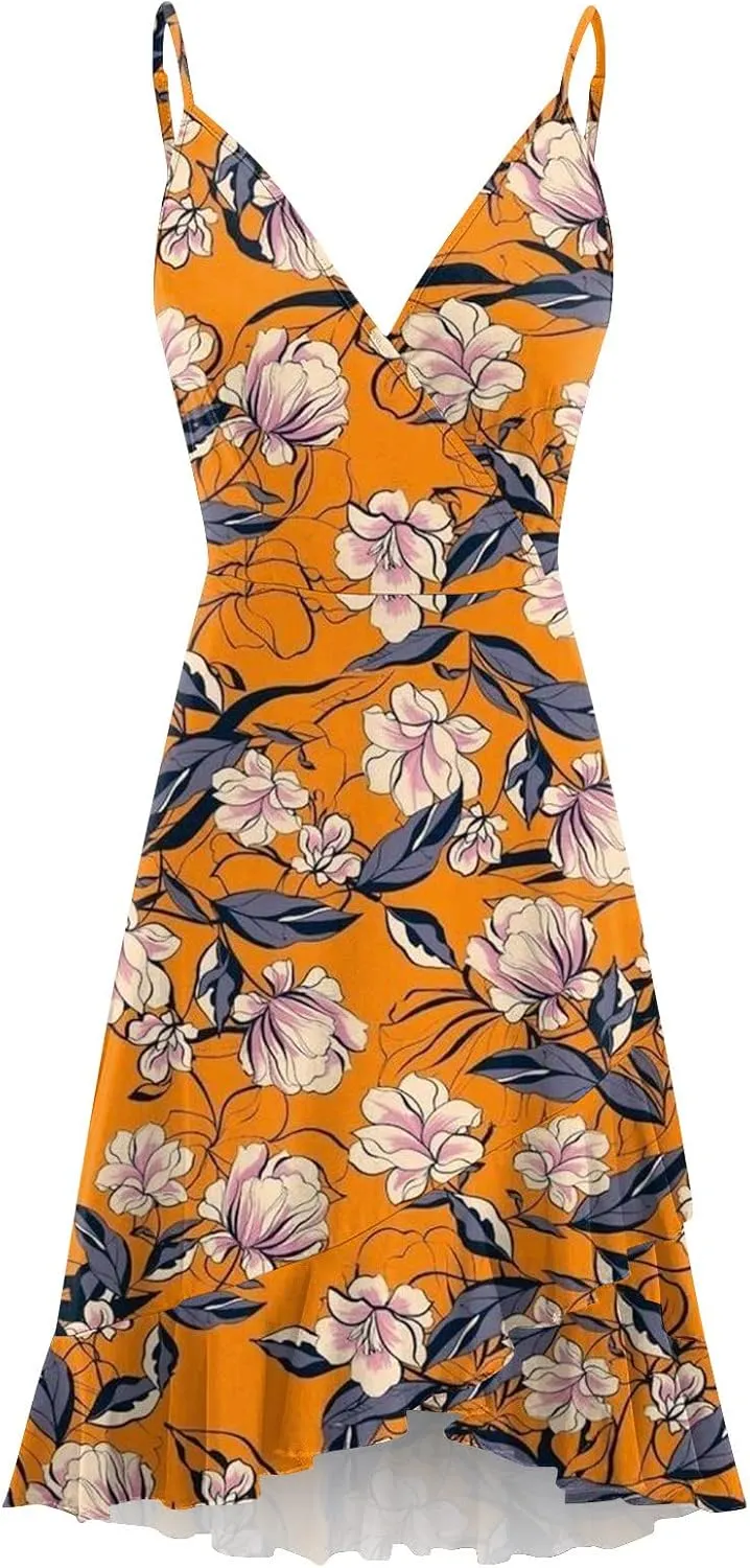 Women Summer Wrap V Neck Adjustable Spaghetti Straps Chest Pleats Casual Ruffle Dress Blossoms Strap Dress