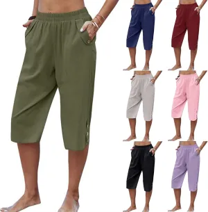 Womens Capris for Summer Elastic Waist Plus Size Capri Pants Wide Leg Linen Crop Pants Cropped Trousers with Pockets