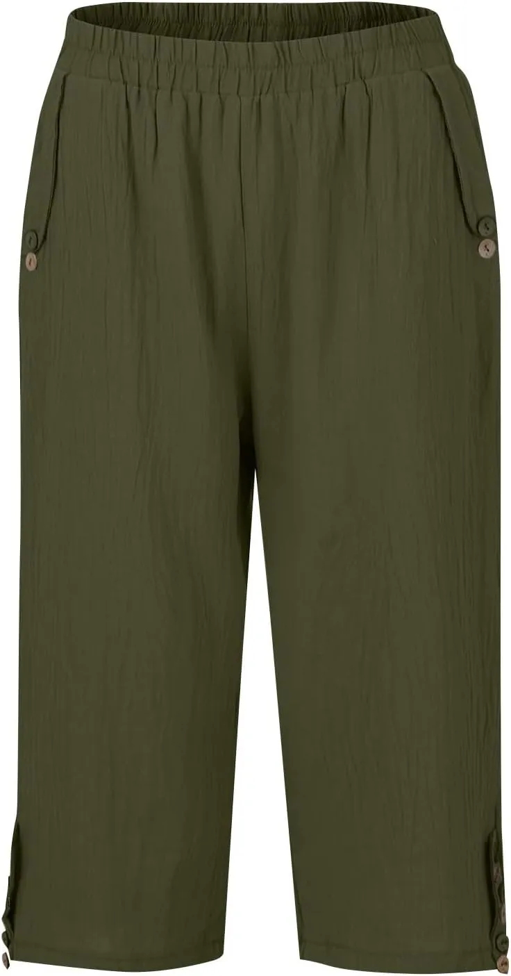 Womens Capris for Summer Elastic Waist Plus Size Capri Pants Wide Leg Linen Crop Pants Cropped Trousers with Pockets