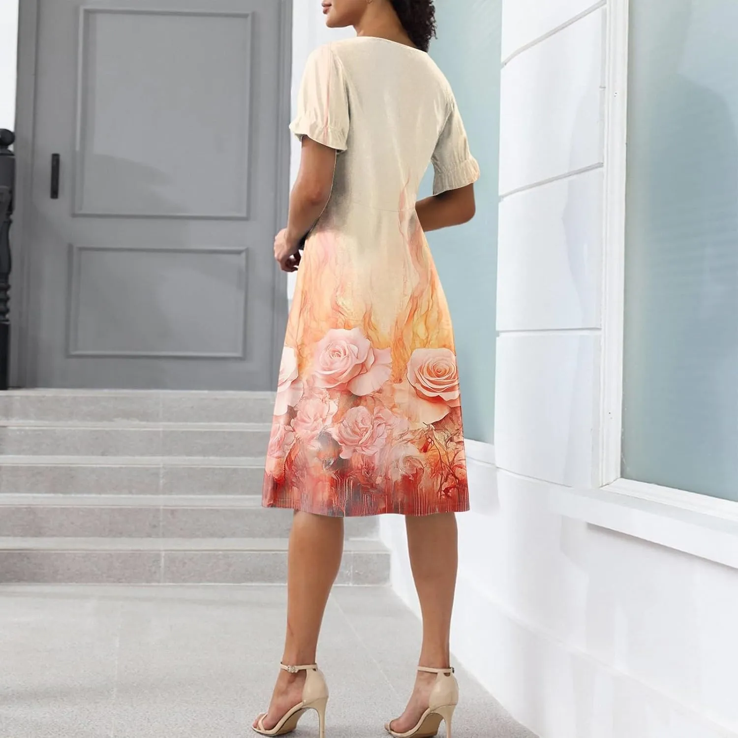 Women's Dresses Summer V Neck Short Sleeve Ruffle Wrap Floral Boho Irregular Hem Beach Midi Cute Dresses, S-2XL