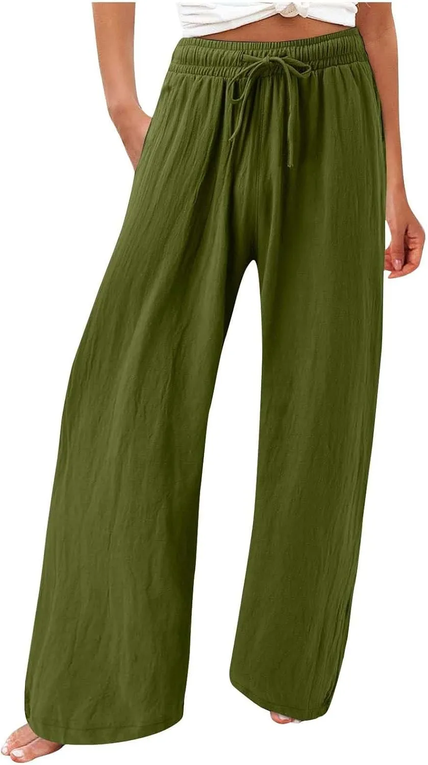 Womens Linen Pant 2025 Summer Casual Wide Leg Palazzo Pant Loose Smocked High Waist Work Slack Flowy Beach Trousers
