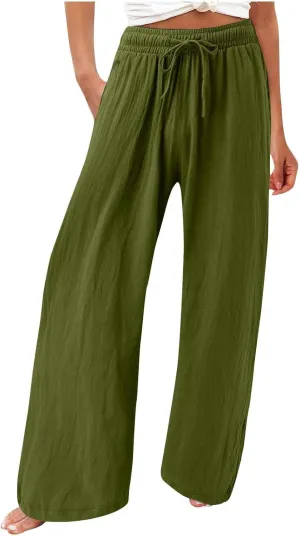 Womens Linen Pant 2025 Summer Casual Wide Leg Palazzo Pant Loose Smocked High Waist Work Slack Flowy Beach Trousers
