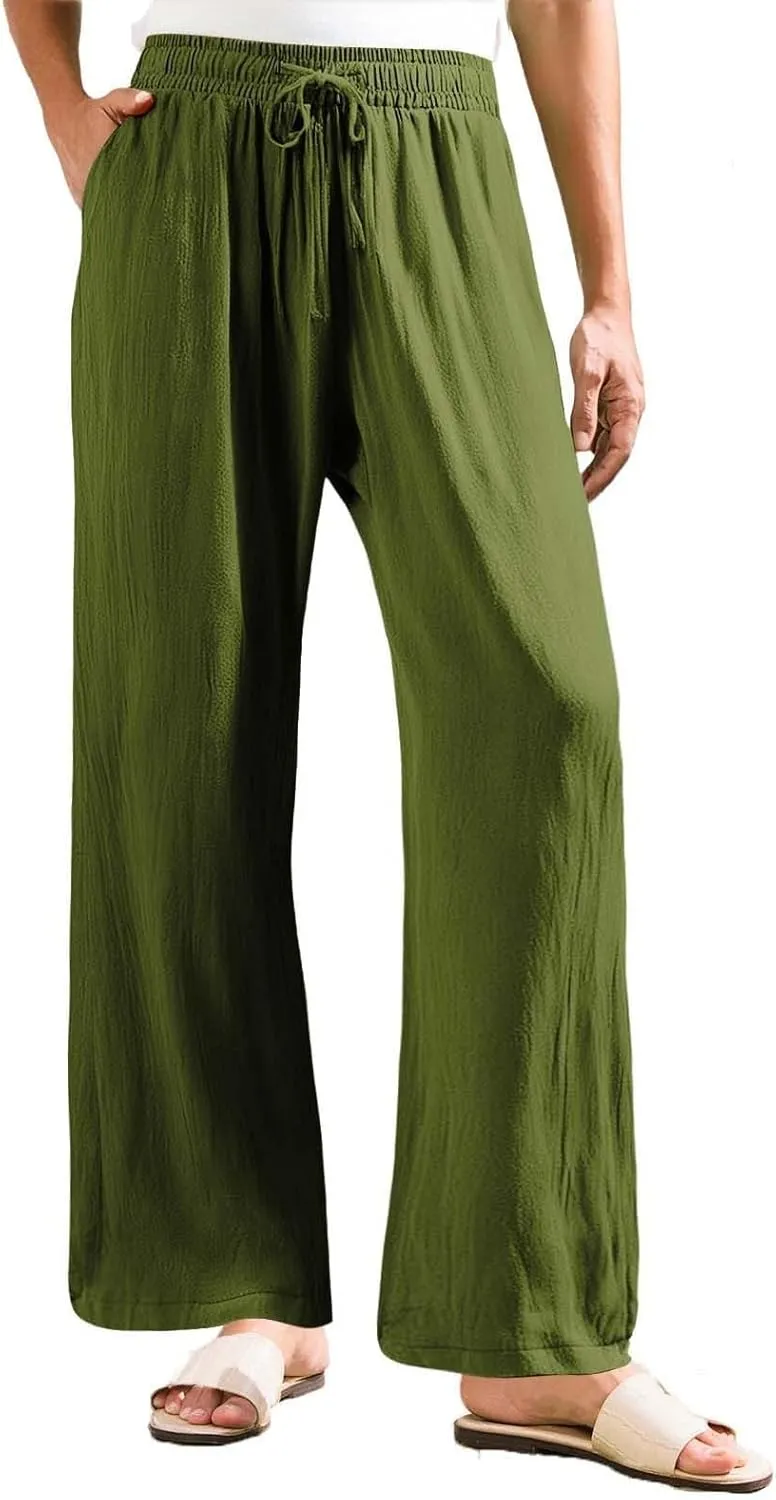 Womens Linen Pant 2025 Summer Casual Wide Leg Palazzo Pant Loose Smocked High Waist Work Slack Flowy Beach Trousers