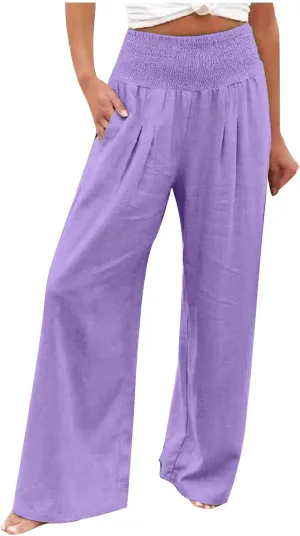 Womens Palazzo Cotton Linen Pants 2025 Trendy High Elastic Waist Wide Leg Trousers Summer Beach Resort Lounge Pant