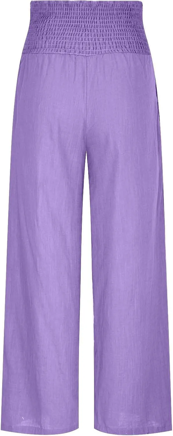 Womens Palazzo Cotton Linen Pants 2025 Trendy High Elastic Waist Wide Leg Trousers Summer Beach Resort Lounge Pant