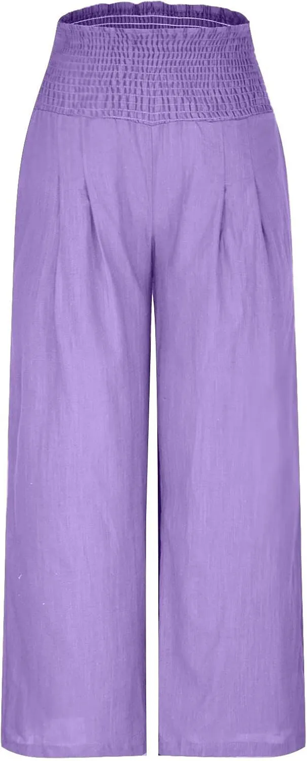 Womens Palazzo Cotton Linen Pants 2025 Trendy High Elastic Waist Wide Leg Trousers Summer Beach Resort Lounge Pant