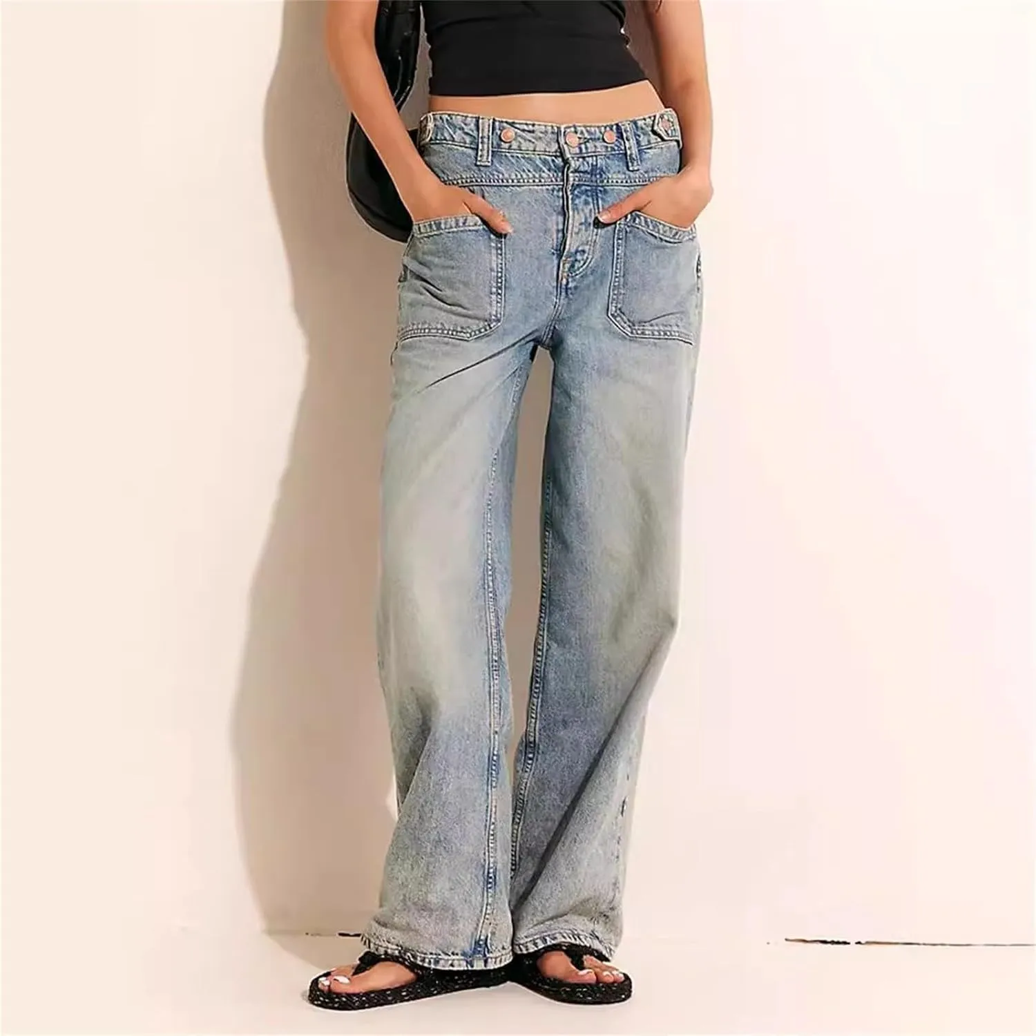 Women's Wide Straight Leg Palazzo Jeans High Waisted Stretchy Washed Baggy Denim Pants Trendy Boyfriend Jean Pants