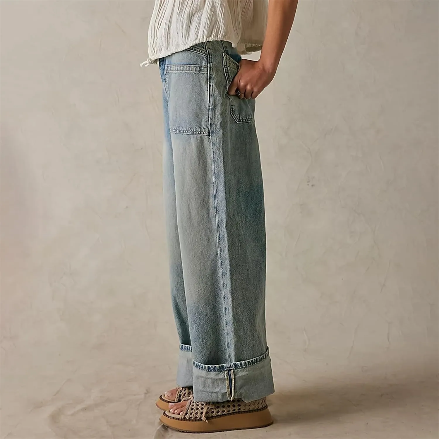 Women's Wide Straight Leg Palazzo Jeans High Waisted Stretchy Washed Baggy Denim Pants Trendy Boyfriend Jean Pants