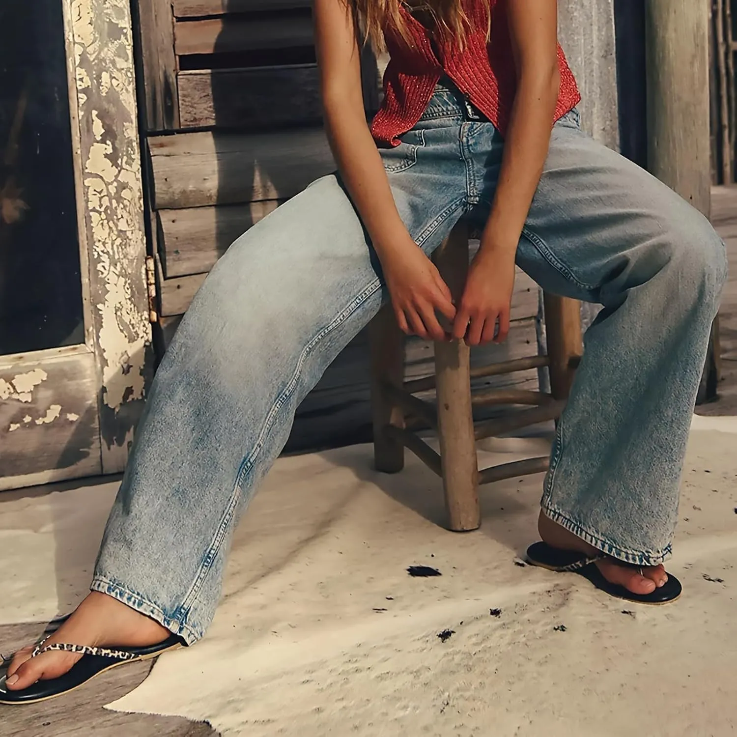 Women's Wide Straight Leg Palazzo Jeans High Waisted Stretchy Washed Baggy Denim Pants Trendy Boyfriend Jean Pants