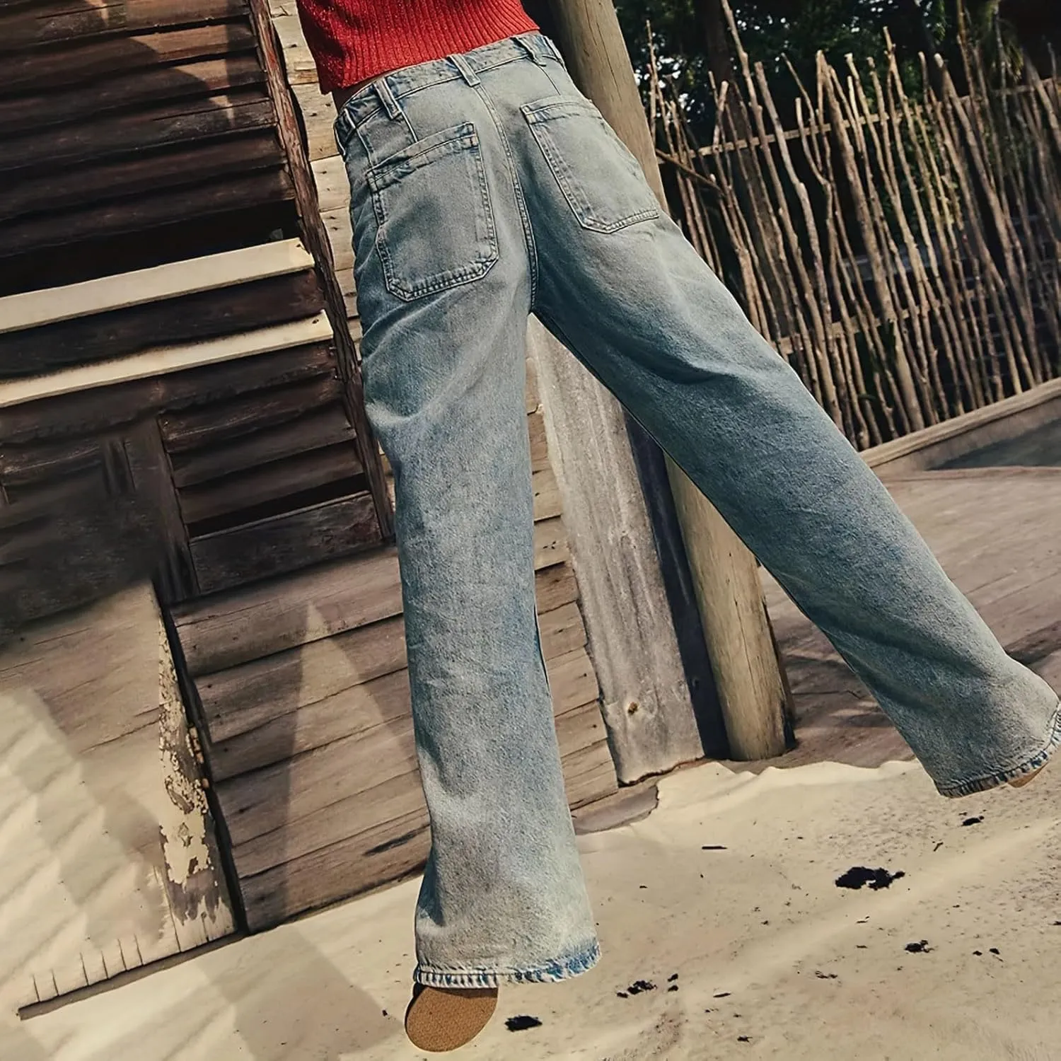 Women's Wide Straight Leg Palazzo Jeans High Waisted Stretchy Washed Baggy Denim Pants Trendy Boyfriend Jean Pants