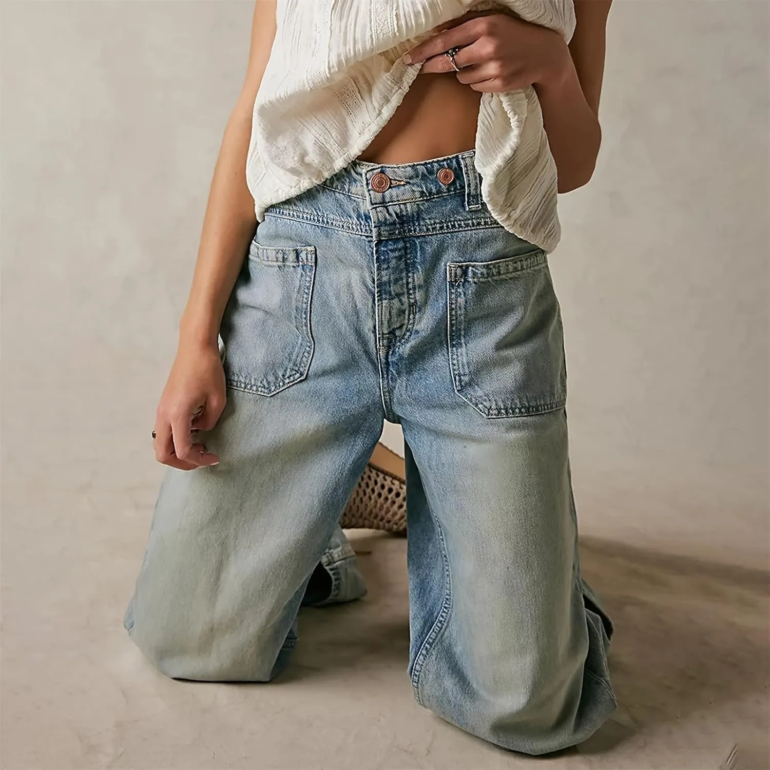 Women's Wide Straight Leg Palazzo Jeans High Waisted Stretchy Washed Baggy Denim Pants Trendy Boyfriend Jean Pants