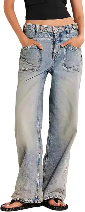 Women's Wide Straight Leg Palazzo Jeans High Waisted Stretchy Washed Baggy Denim Pants Trendy Boyfriend Jean Pants