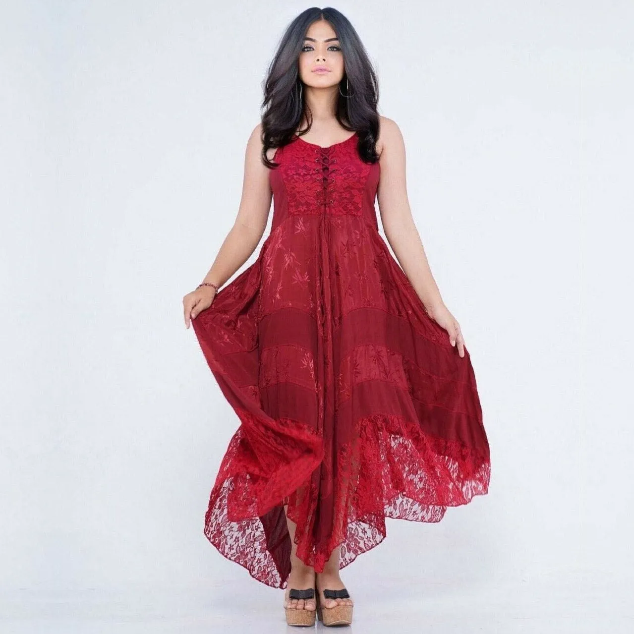 Ximena Victorian Adjustable Lacing Ties Flattering Maxi Dress