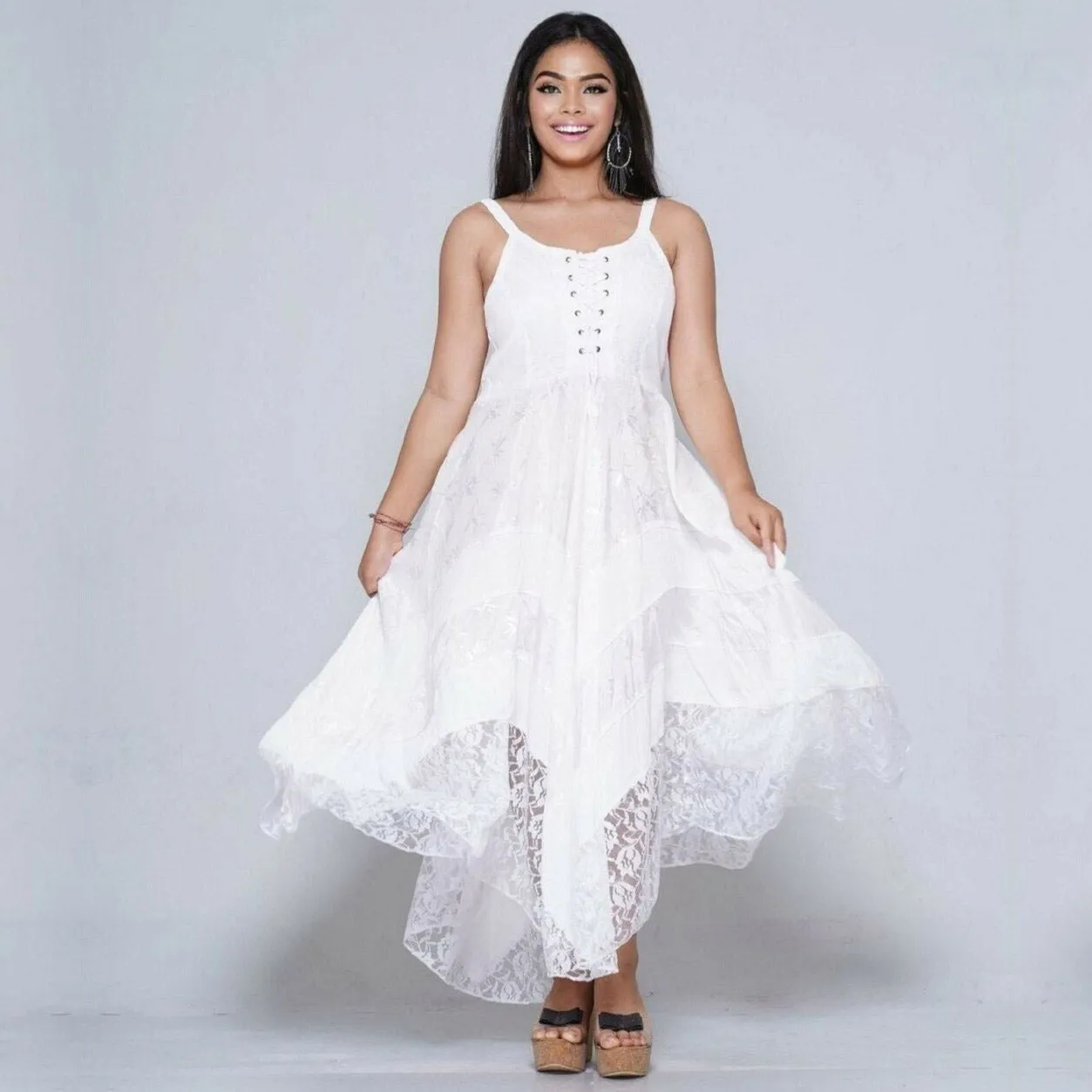 Ximena Victorian Adjustable Lacing Ties Flattering Maxi Dress