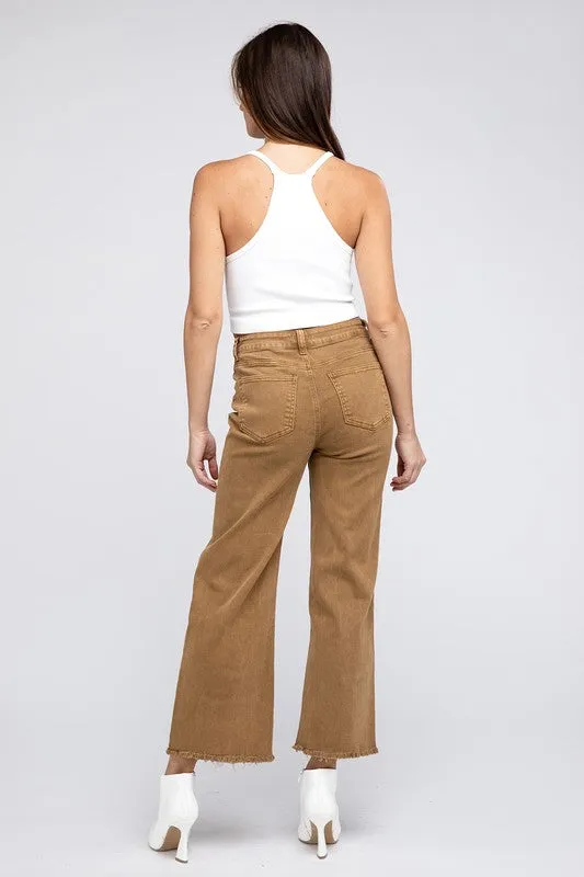 Zenana Acid Wash Frayed Cutoff Hem Straight Wide Jeans