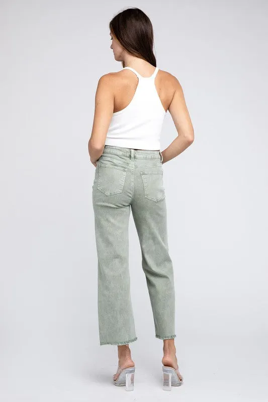 Zenana Acid Wash Frayed Cutoff Hem Straight Wide Jeans