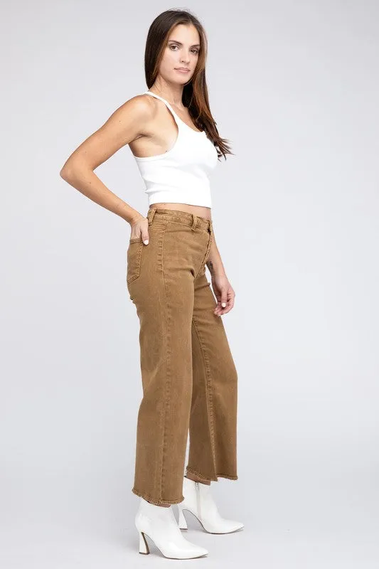 Zenana Acid Wash Frayed Cutoff Hem Straight Wide Jeans