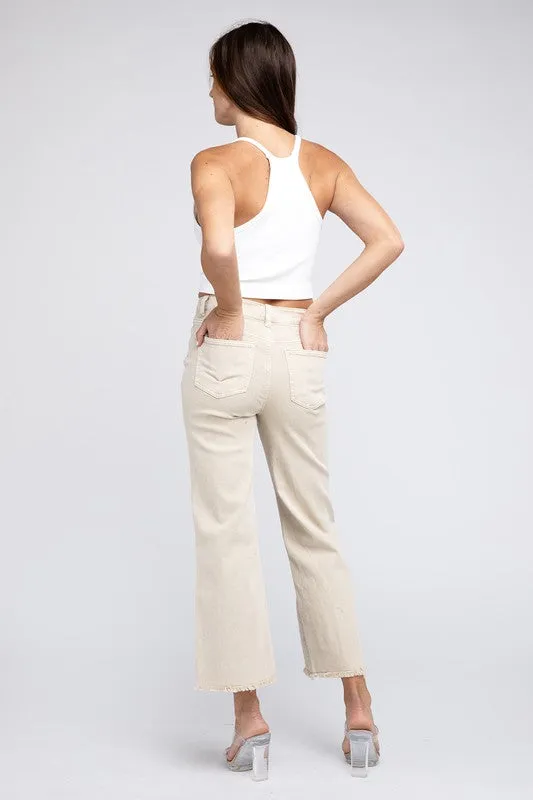 Zenana Acid Wash Frayed Cutoff Hem Straight Wide Jeans