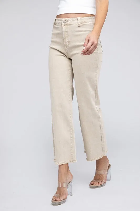 Zenana Acid Wash Frayed Cutoff Hem Straight Wide Jeans
