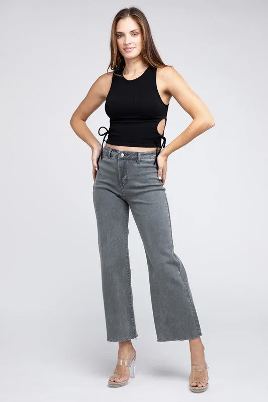 Zenana Acid Wash Frayed Cutoff Hem Straight Wide Jeans