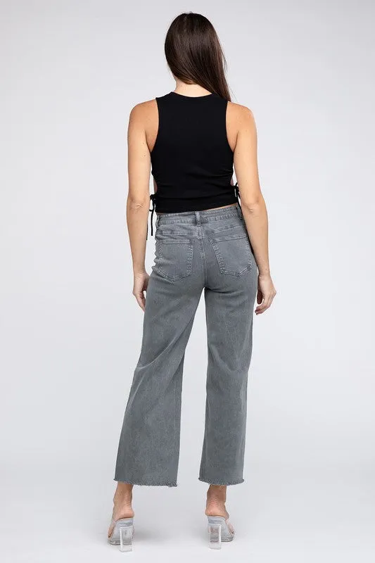 Zenana Acid Wash Frayed Cutoff Hem Straight Wide Jeans